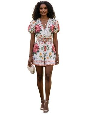 NWT Caroline Constas Floral Embroidered Linen blend Romper Belted Size 8 Resort